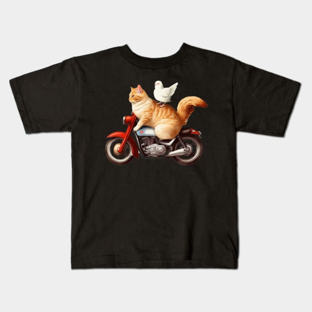 cat and chicken riding motorcycle Kids T-Shirt by TrvlAstral